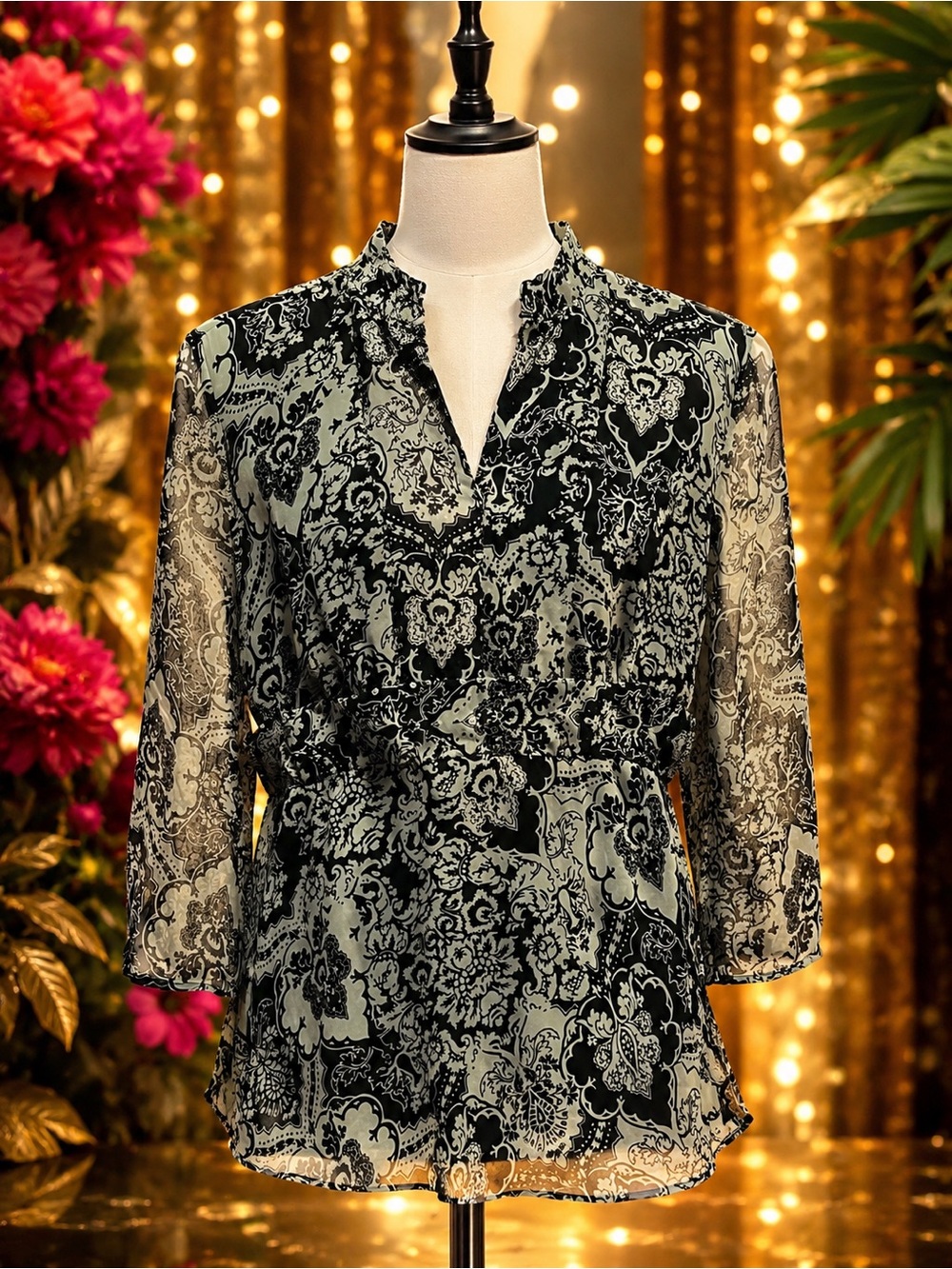 Misty and Max Black and Floral Sheer Blouse